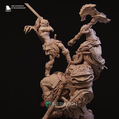 Lia The Barbarian Mercenary vs. The Stone Giant | Garage Resin Kit Statue | D&D TTRPG Fantasy | Nerikson