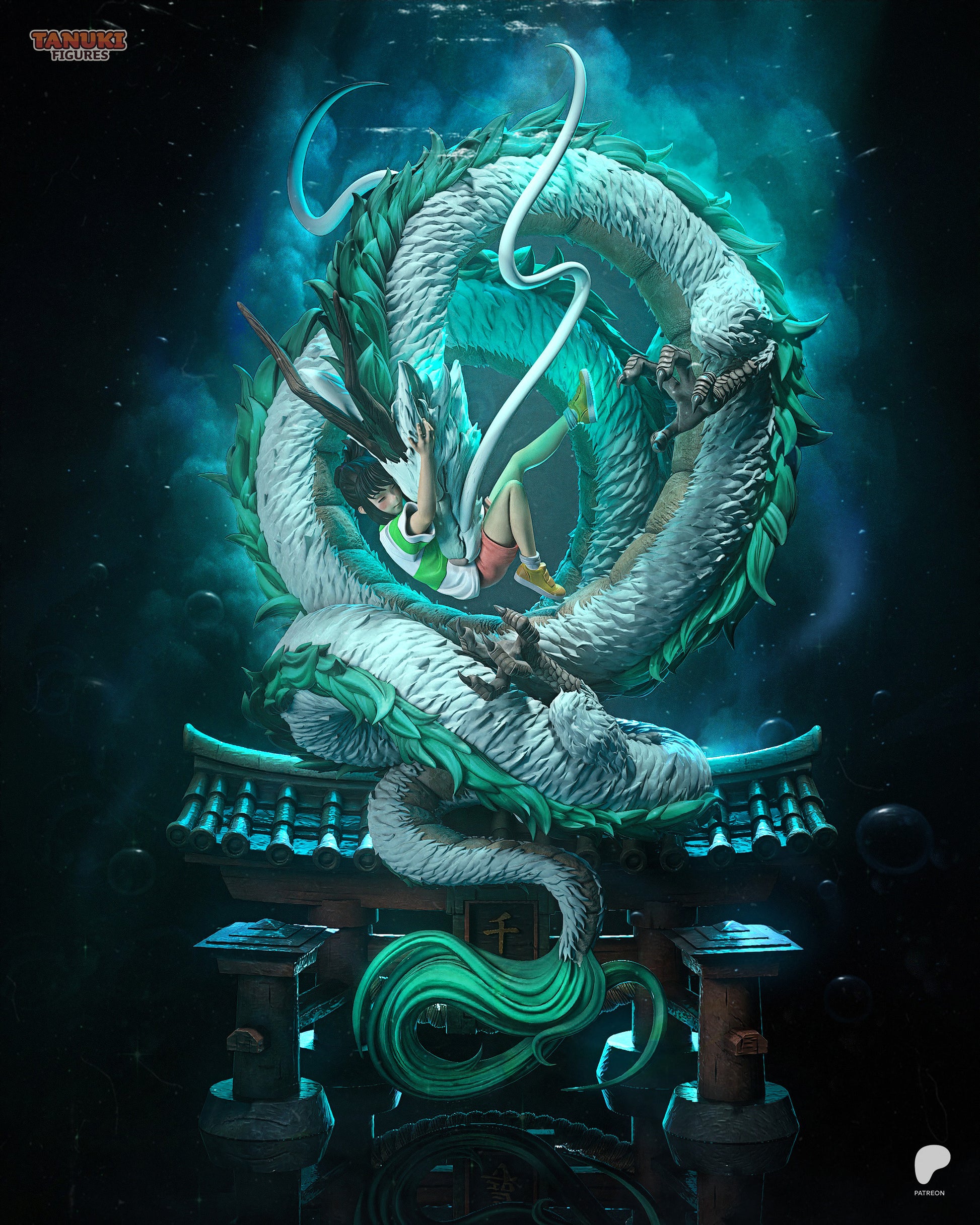 Resin garage kit figure of River Dragon's Embrace Tanuki by Tattles Told 3D, detailed fan art collectible from Chihiro Tanuki Figures series.