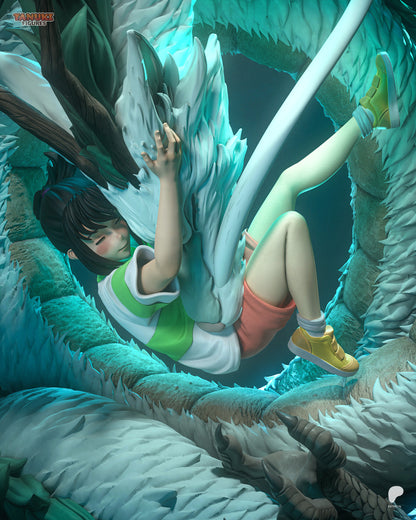 Resin garage kit figure of a River Dragon's Embrace tanuki by Tattles Told 3D, detailed fan art sculpture with intricate features.