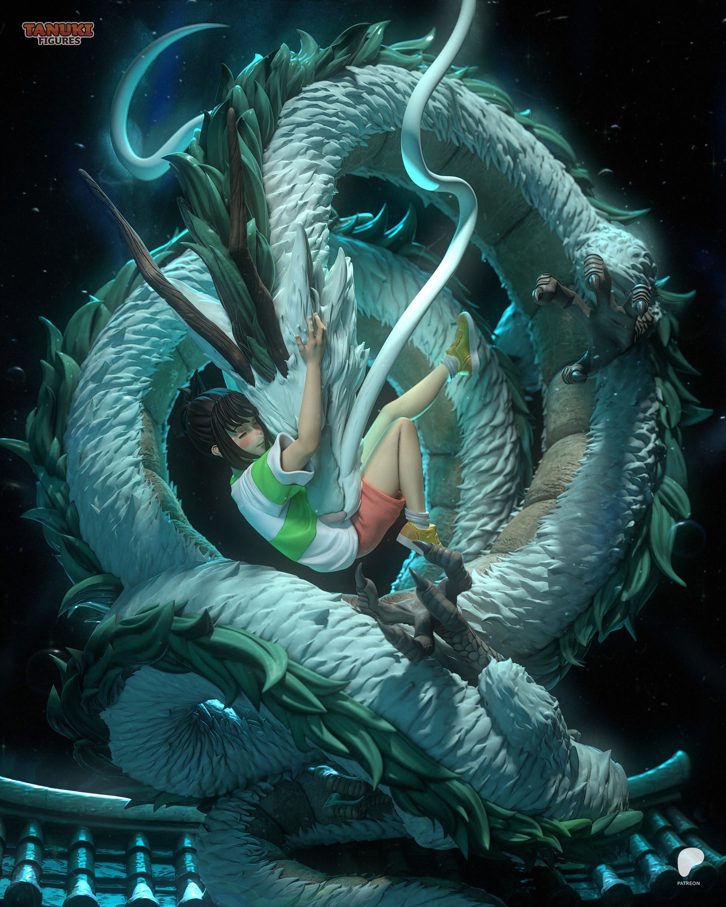 Resin garage kit figure of River Dragon's Embrace Tanuki by Tattles Told 3D, featuring detailed fan art design.