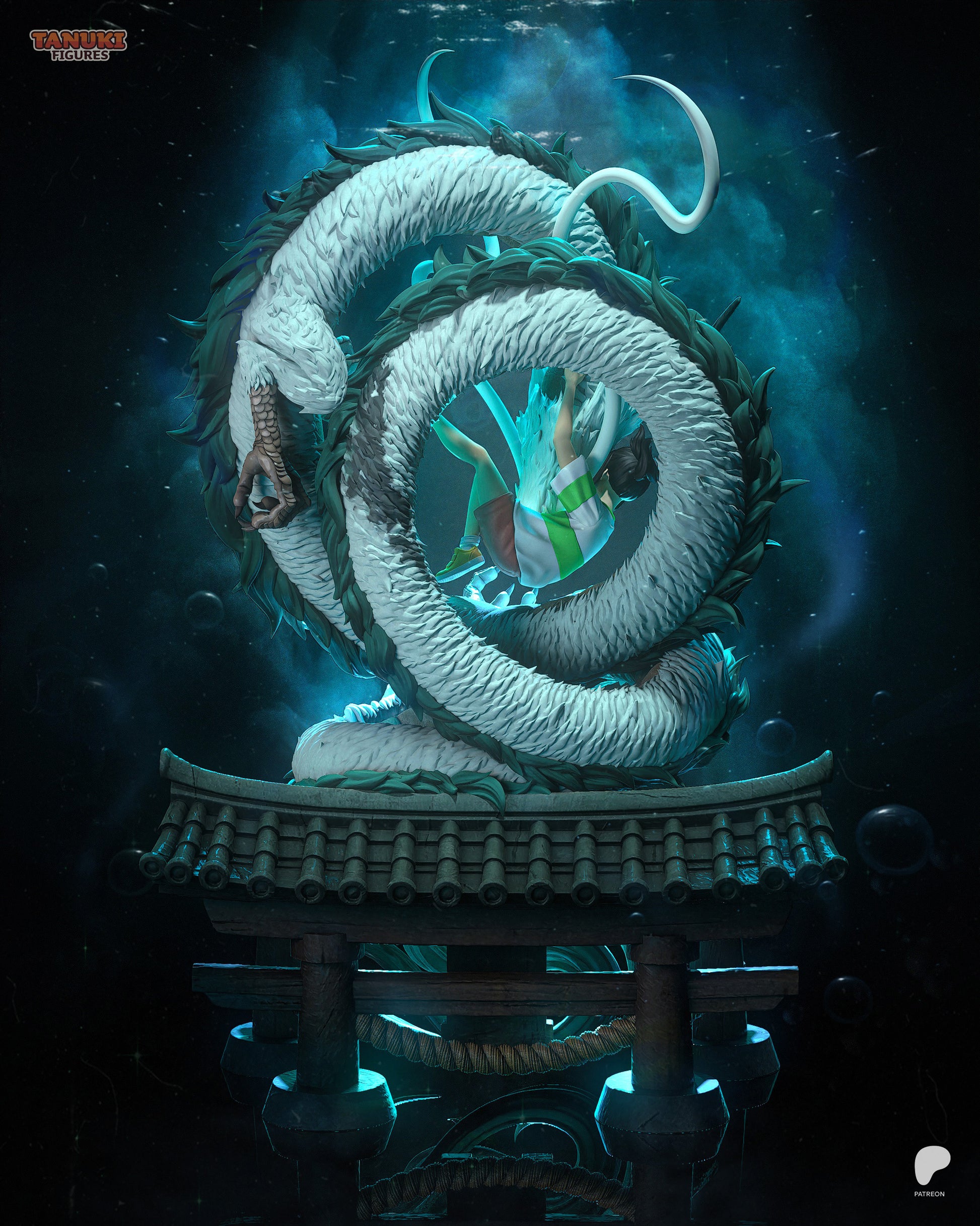 Resin garage kit figure of River Dragon's Embrace Tanuki by Tattles Told 3D, showcasing detailed fan art design of a mythic creature.