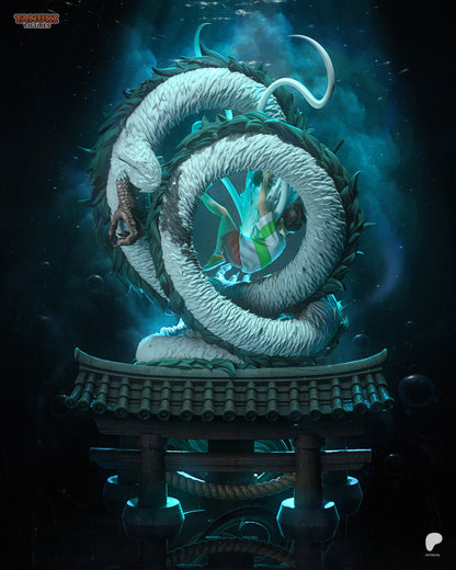 Resin garage kit figure of River Dragon's Embrace Tanuki by Tattles Told 3D, showcasing detailed fan art design of a mythic creature.