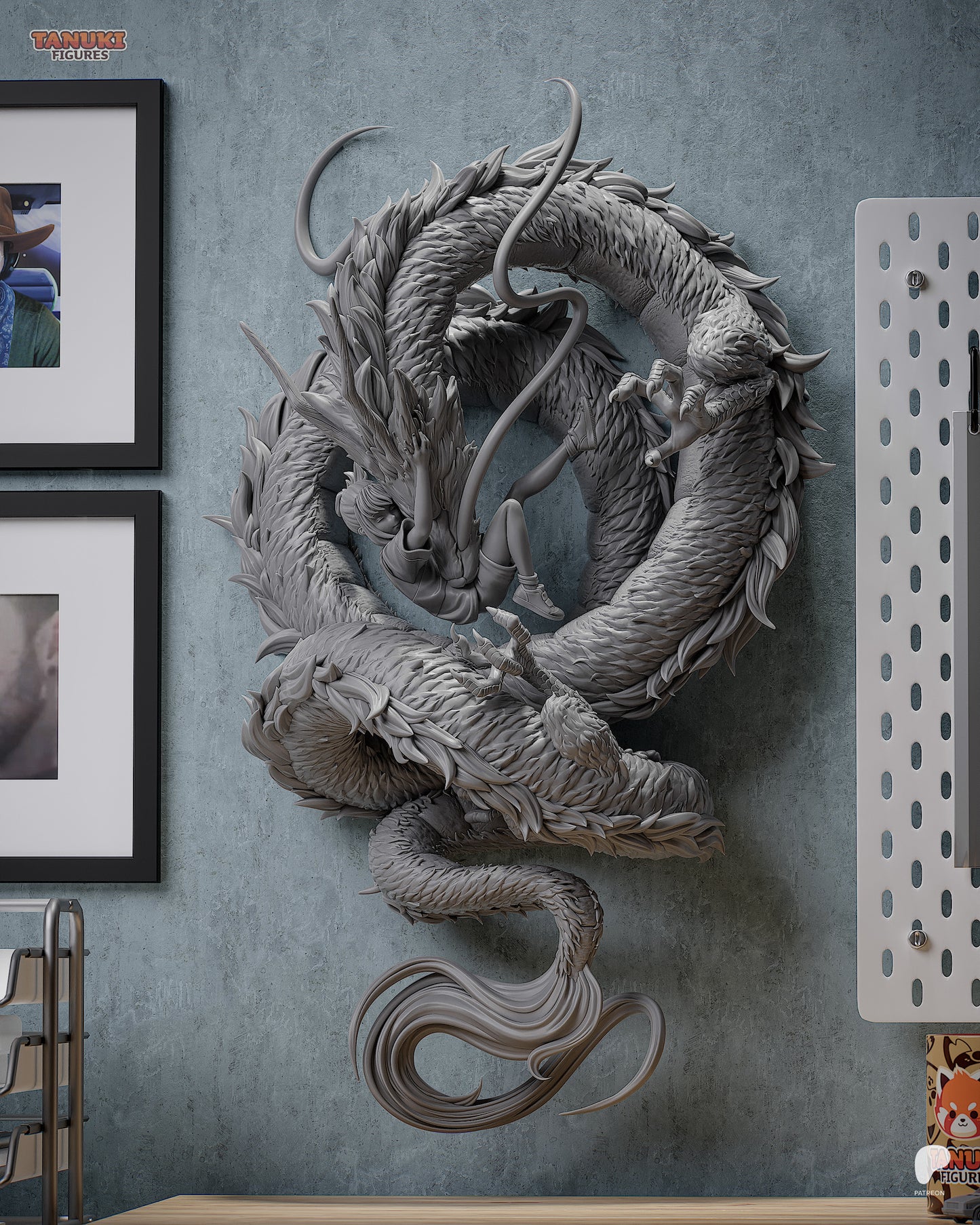 Resin garage kit figure of a River Dragon's Embrace Tanuki by Tattles Told 3D, featuring detailed fan art design.
