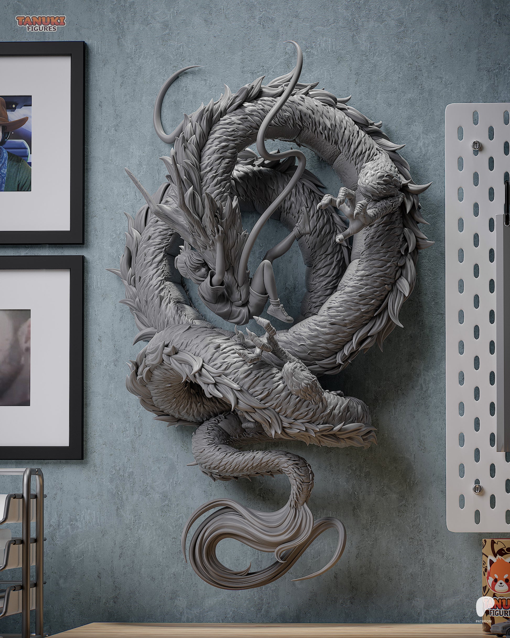 Resin garage kit figure of a River Dragon's Embrace Tanuki by Tattles Told 3D, featuring detailed fan art design.
