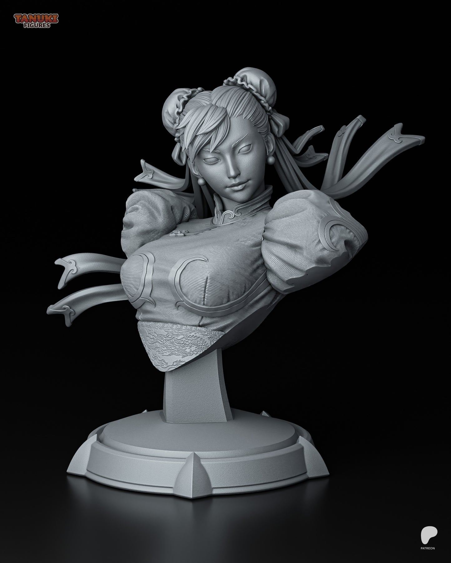 Resin garage kit figure of Street Martial Artist Chun-Li by Tattles Told 3D, featuring a tanuki-inspired design.