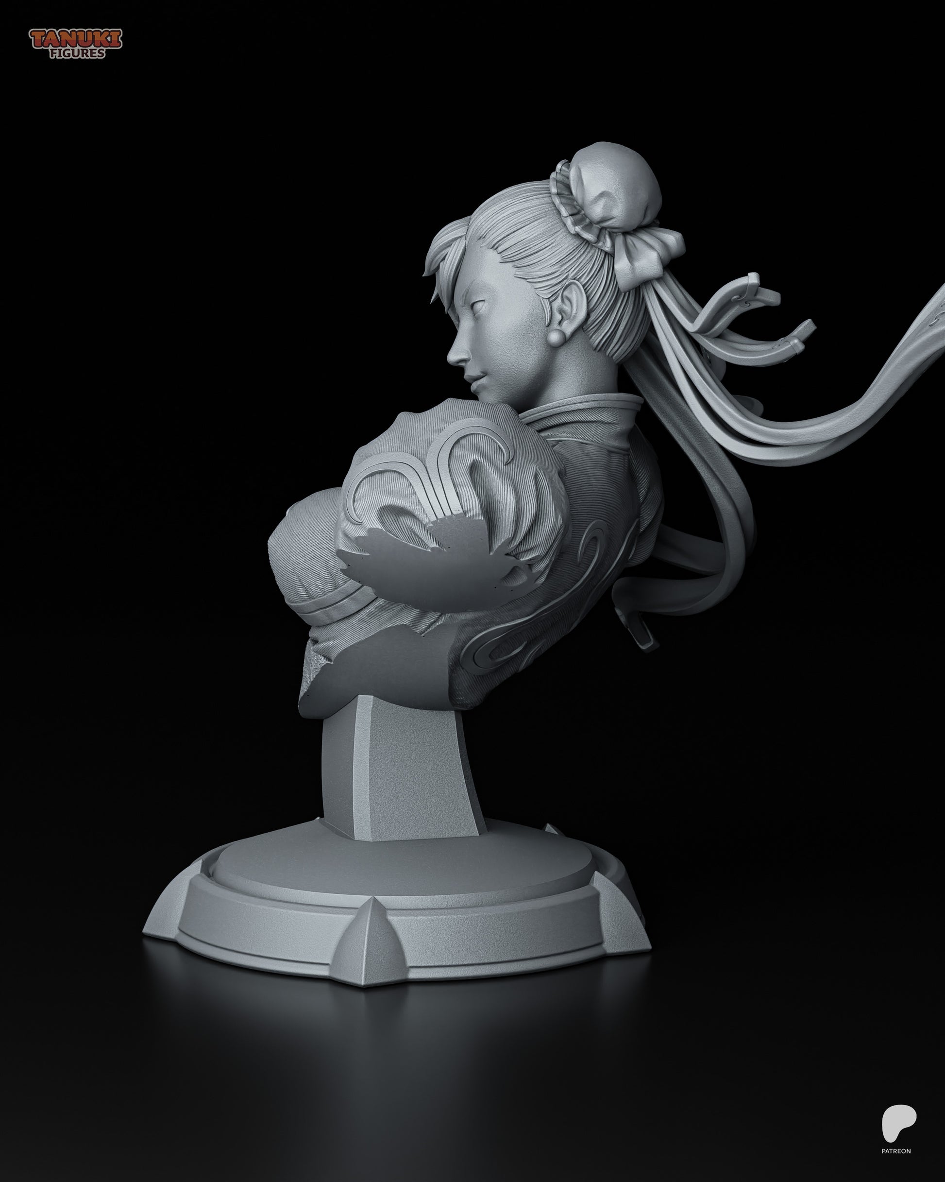 Resin garage kit figure of Street Martial Artist Chun-Li bust by Tanuki Figures, crafted by Tattles Told 3D.