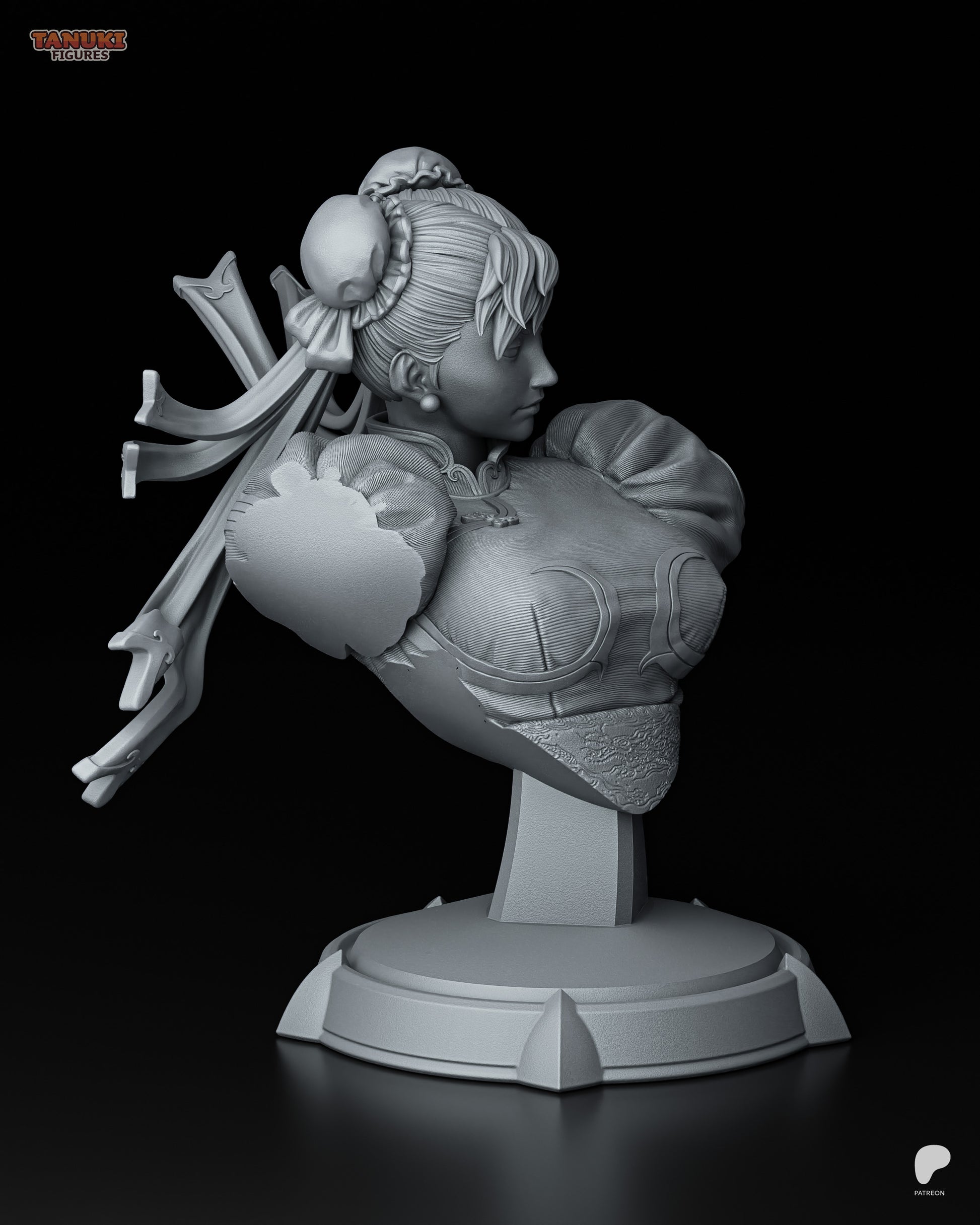 Resin garage kit figure of Street Martial Artist Chun-Li by Tattles Told 3D, featuring detailed tanuki-inspired design.