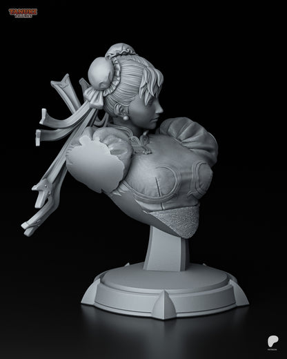 Resin garage kit figure of Street Martial Artist Chun-Li by Tattles Told 3D, featuring detailed tanuki-inspired design.