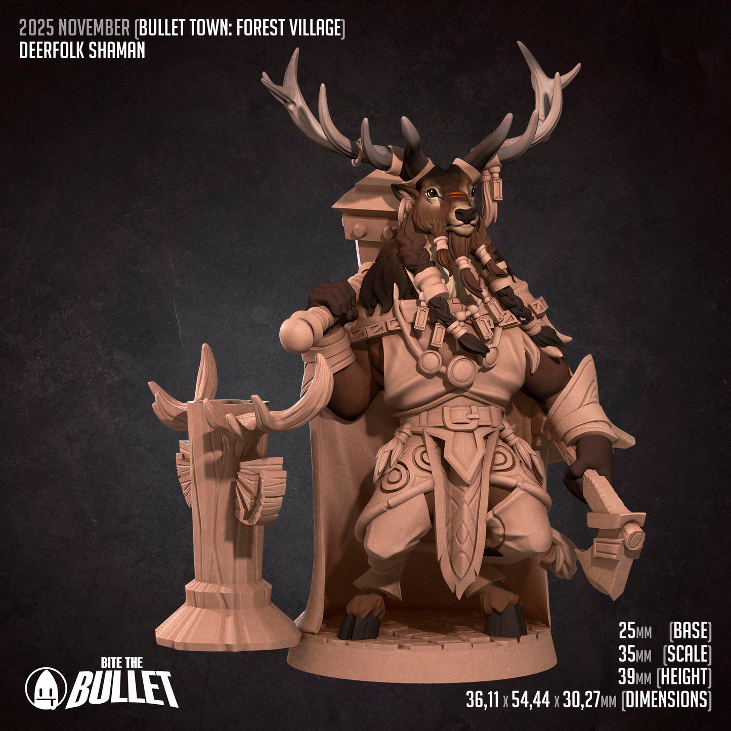 Bullet Town Forest Village, Deerfolk Shaman | D&D Pathfinder TTRPG Miniature | Bite the Bullet