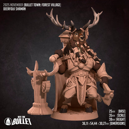Bullet Town Forest Village, Deerfolk Shaman | D&D Pathfinder TTRPG Miniature | Bite the Bullet