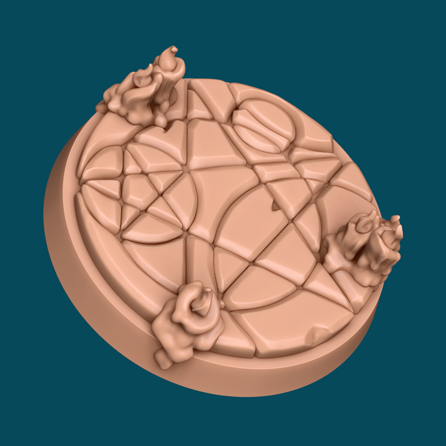 Demon summoning base miniature from Tattles Told 3D, featuring candle-lit dance scene with Syrre and Tango for TTRPG D&D.