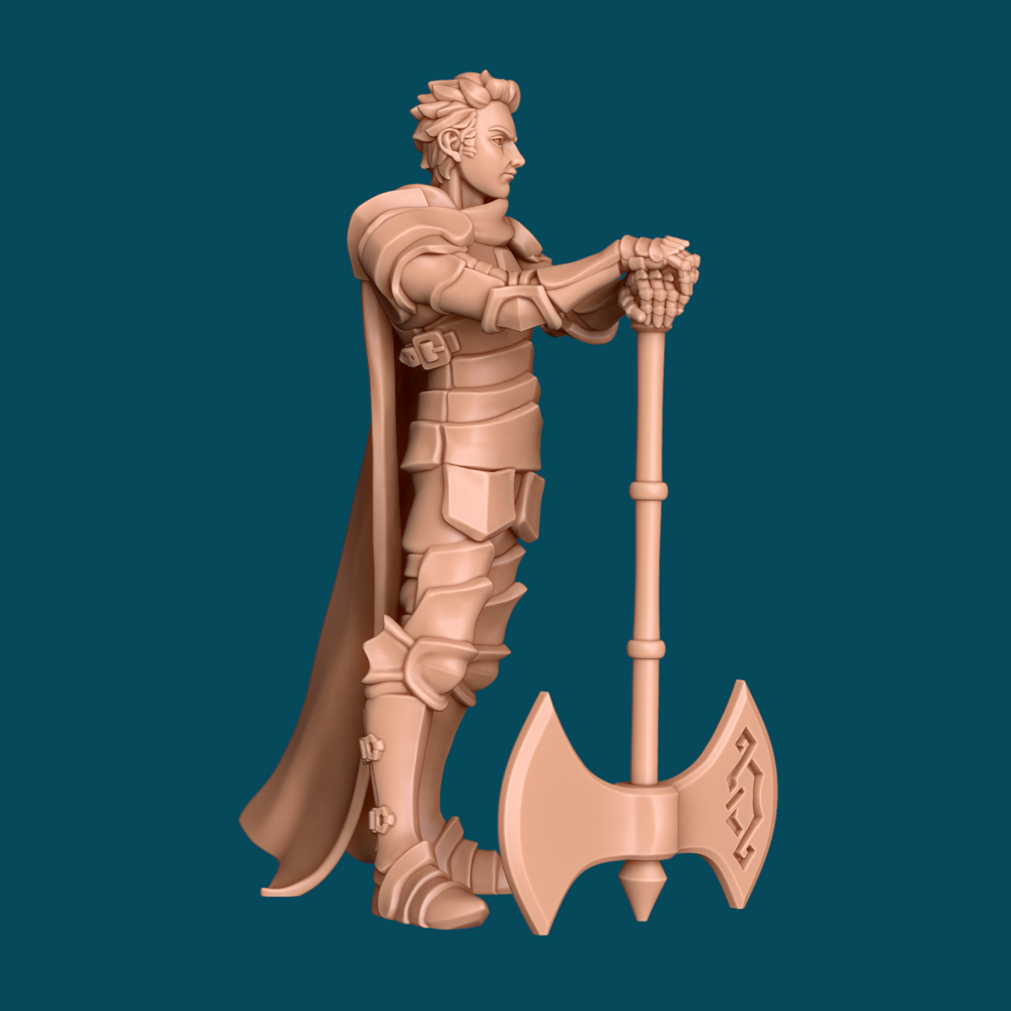 Detail of Deus, a Normal Human Fighter miniature by Tattles Told 3D, featuring a human warrior in armor with a sword and shield.