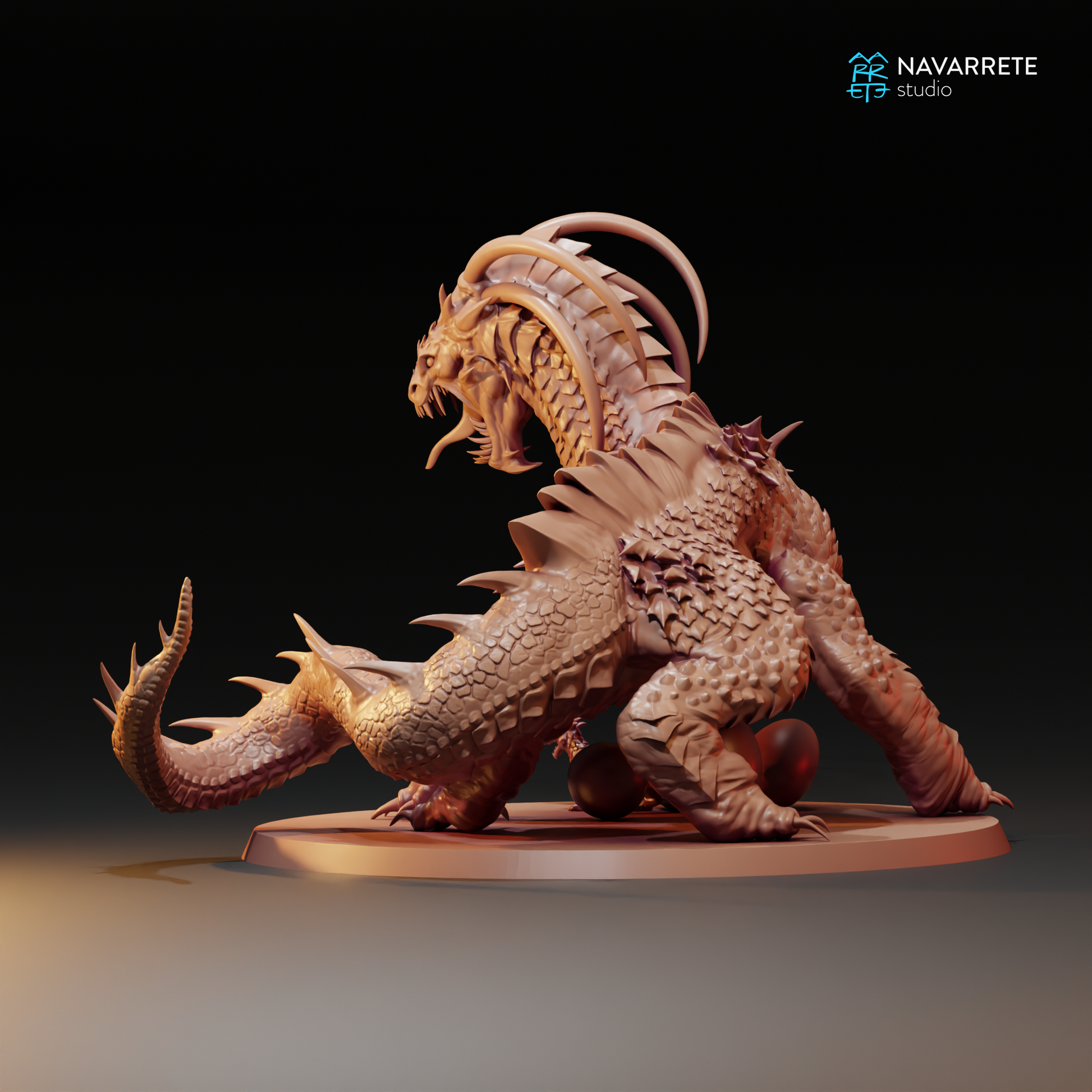 Detailed miniature of a dragon from the Dragon of Depths set, by Tattles Told 3D, for tabletop gaming, shown in front of a scenic backdrop.