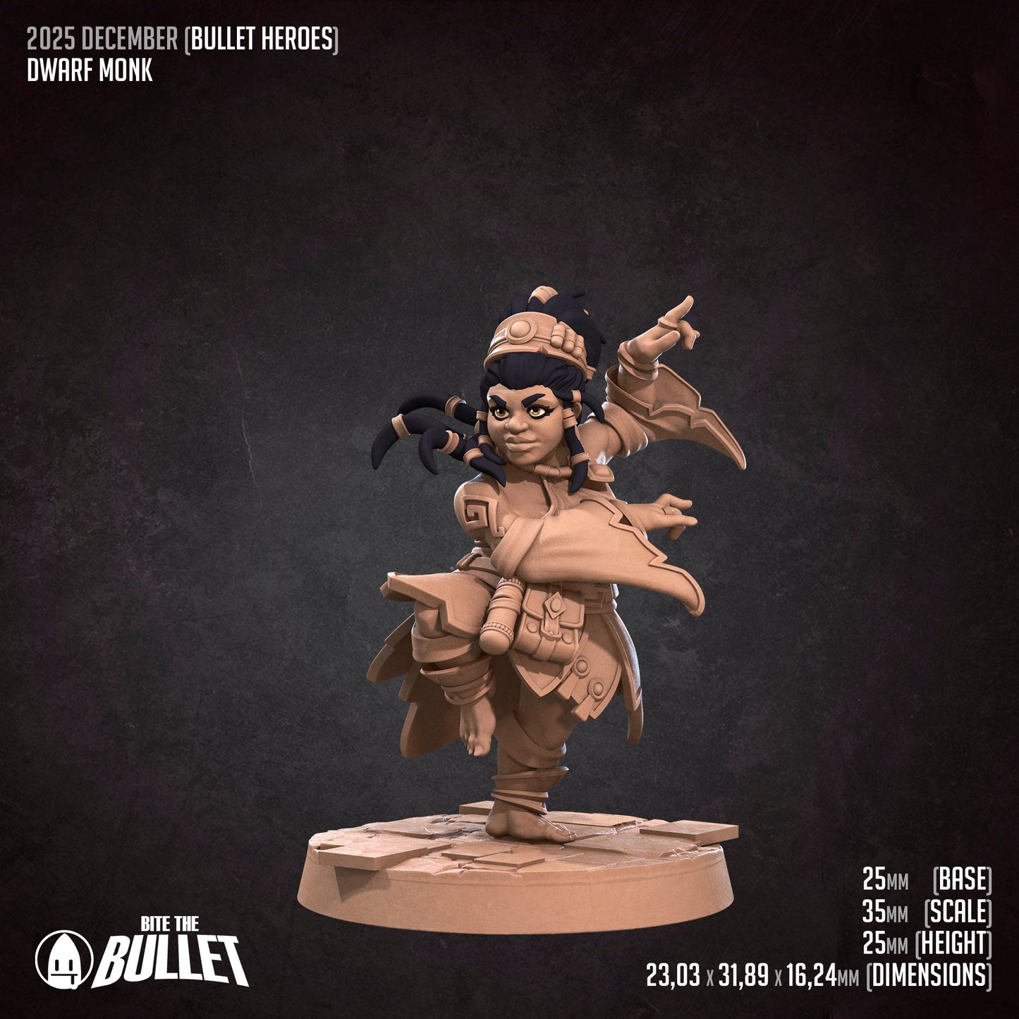 Bullet Heroes, Dwarf Monk | D&D Pathfinder TTRPG Miniature | Bite the Bullet