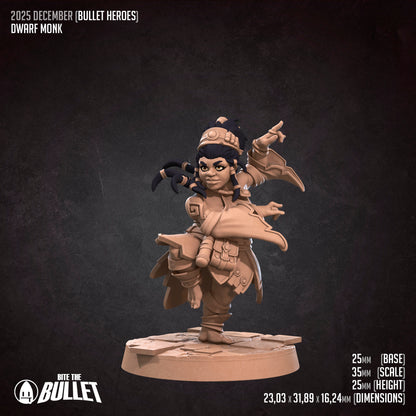 Bullet Heroes, Dwarf Monk | D&D Pathfinder TTRPG Miniature | Bite the Bullet