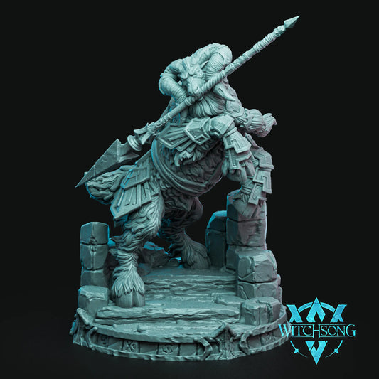 Warrior ram figurine with armor and spear on a dark background, featuring 'Witchsong' logo.