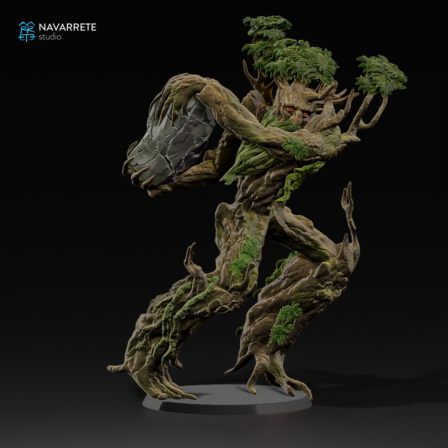 Treefolk Ent miniature from Tattles Told 3D, featuring detailed wooden creature for tabletop gaming by Navarrete Studio.