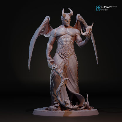 Emberlord the Fire Demon tabletop gaming miniature by Tattles Told 3D, featuring fiery details and menacing stance.