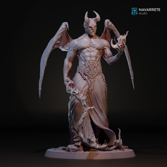 Emberlord the Fire Demon tabletop gaming miniature by Tattles Told 3D, featuring fiery details and menacing stance.