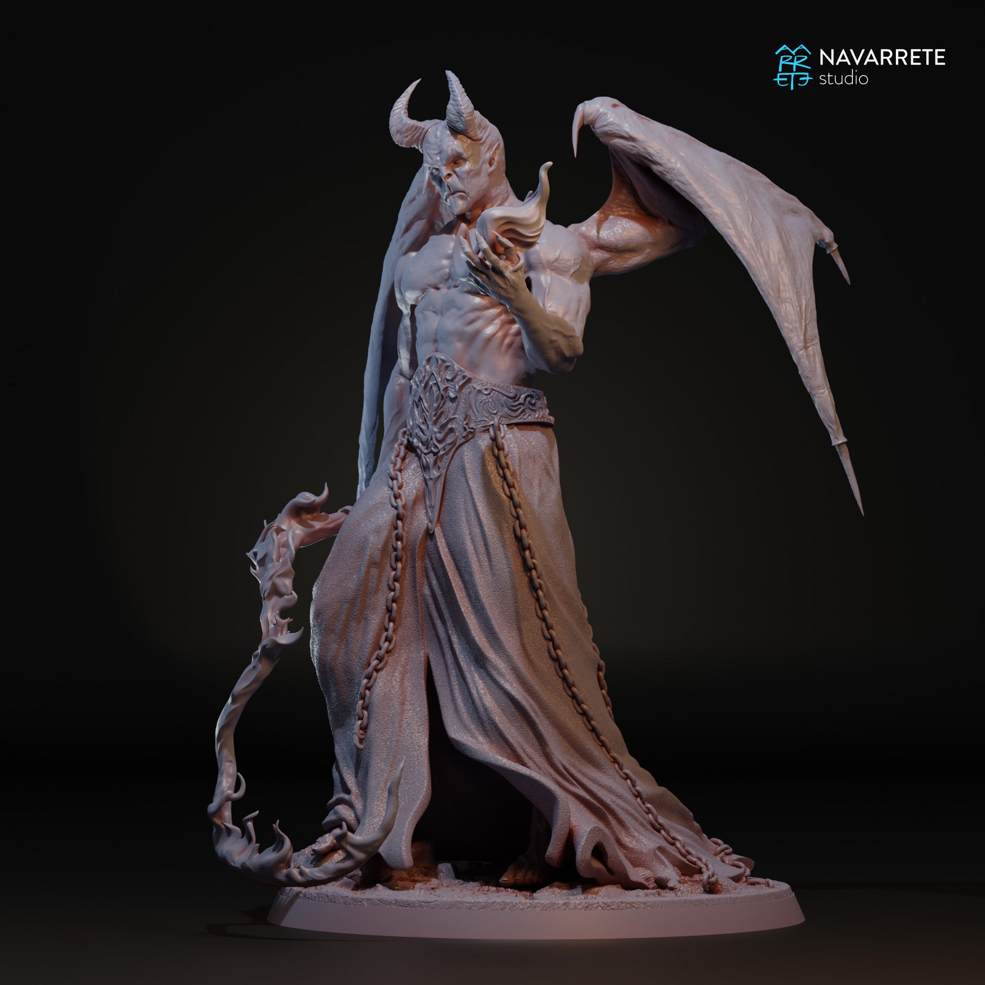 Emberlord the Fire Demon tabletop gaming miniature by Tattles Told 3D, detailed fiery demon figure on a display base.