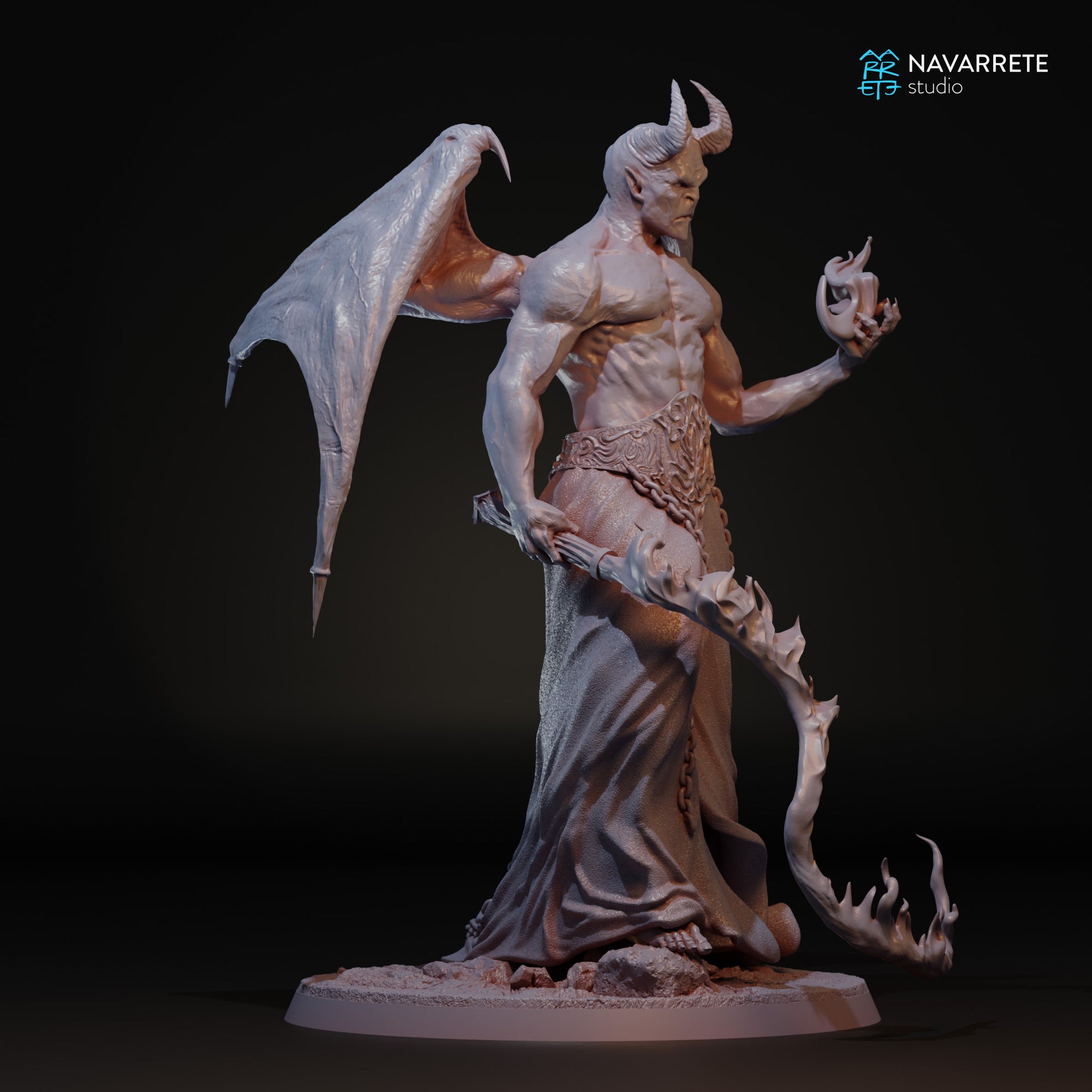 Emberlord the Fire Demon tabletop miniature by Tattles Told 3D, featuring fiery details and menacing stance from Navarrete Studio.