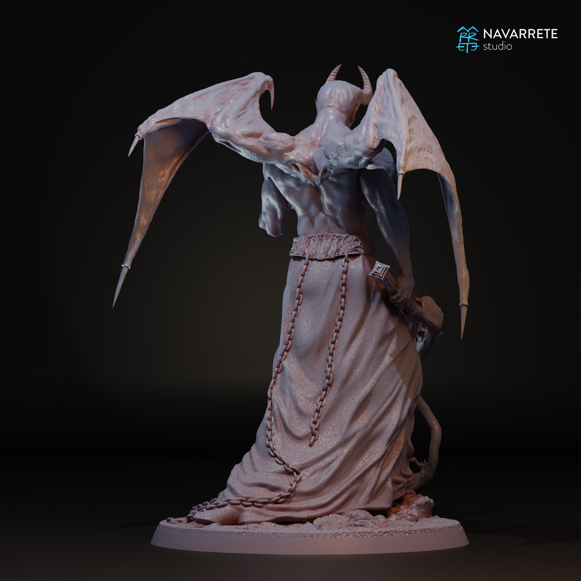 Detailed image of Emberlord the Fire Demon miniature by Tattles Told 3D for tabletop gaming, featuring fiery details and demonic features.