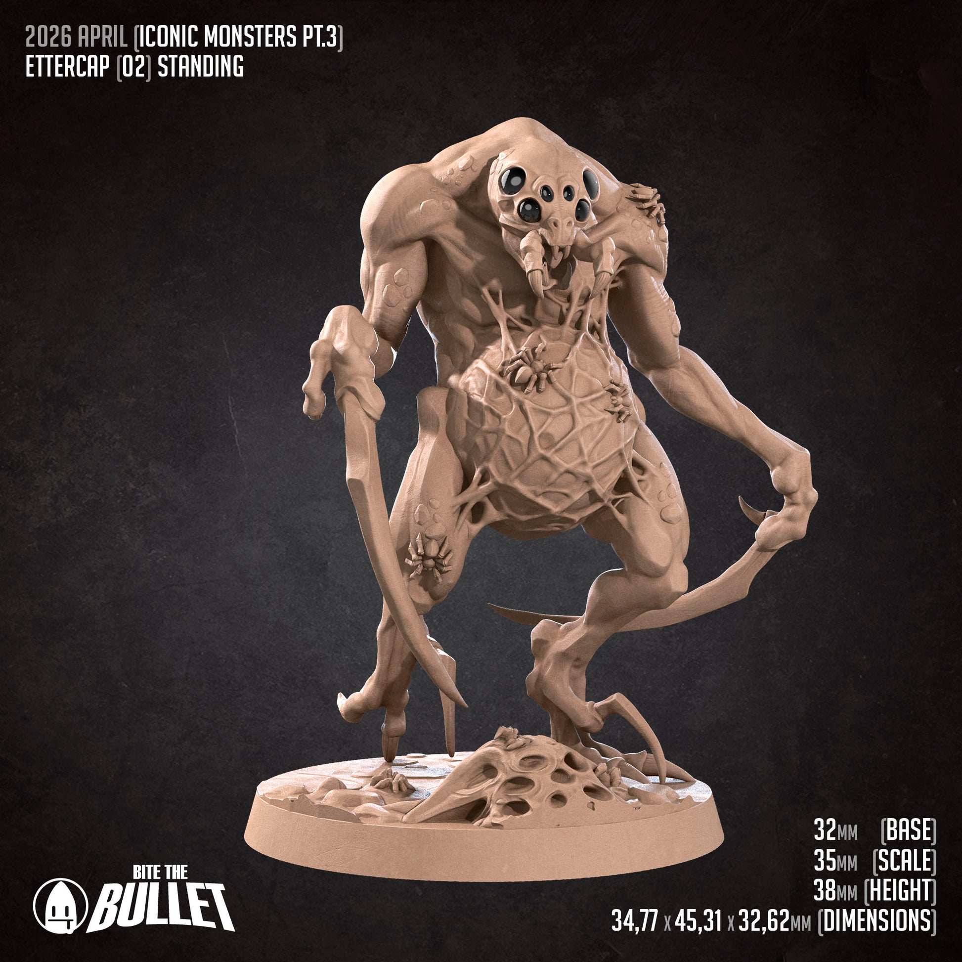 D&D TTRPG miniature of an Ettercap creature by Tattles Told 3D, detailed miniature for tabletop gaming, showing the creature's menacing form.