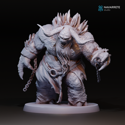 Frost Troll miniature from Trolls tabletop gaming set by Tattles Told 3D, detailed sculpt with icy blue features and textured surface.