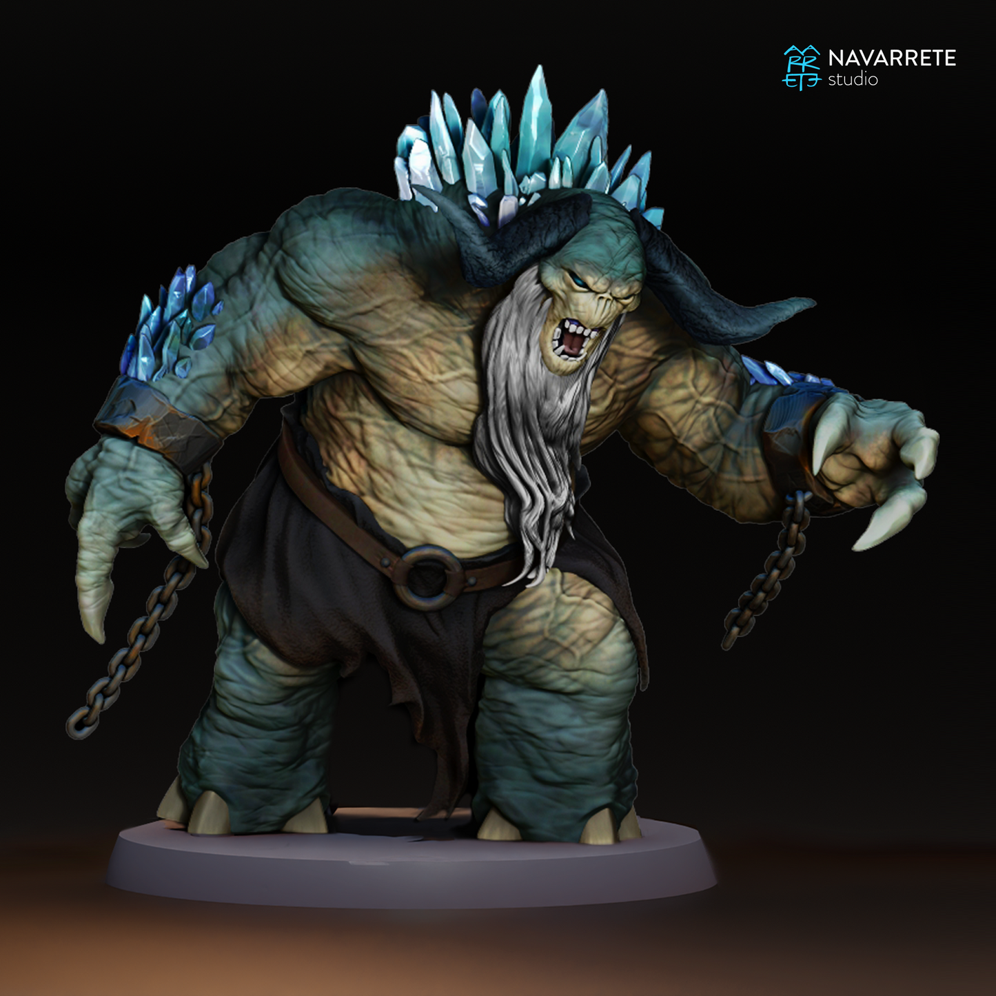 Frost Troll miniature from Trolls tabletop game by Tattles Told 3D, shown in detailed 3D print with icy blue and gray features