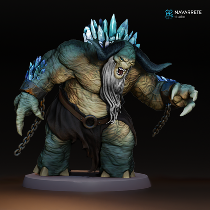 Frost Troll miniature from Trolls tabletop game by Tattles Told 3D, shown in detailed 3D print with icy blue and gray features