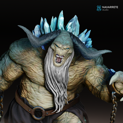 Frost Troll miniature from Trolls tabletop gaming set by Tattles Told 3D, featuring icy details and a fierce stance.