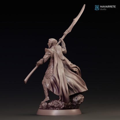 Detailed image of Galdir Elar and Thalionir miniatures from Elf Lords tabletop game by Tattles Told 3D, showcasing their intricate armor and weapons.