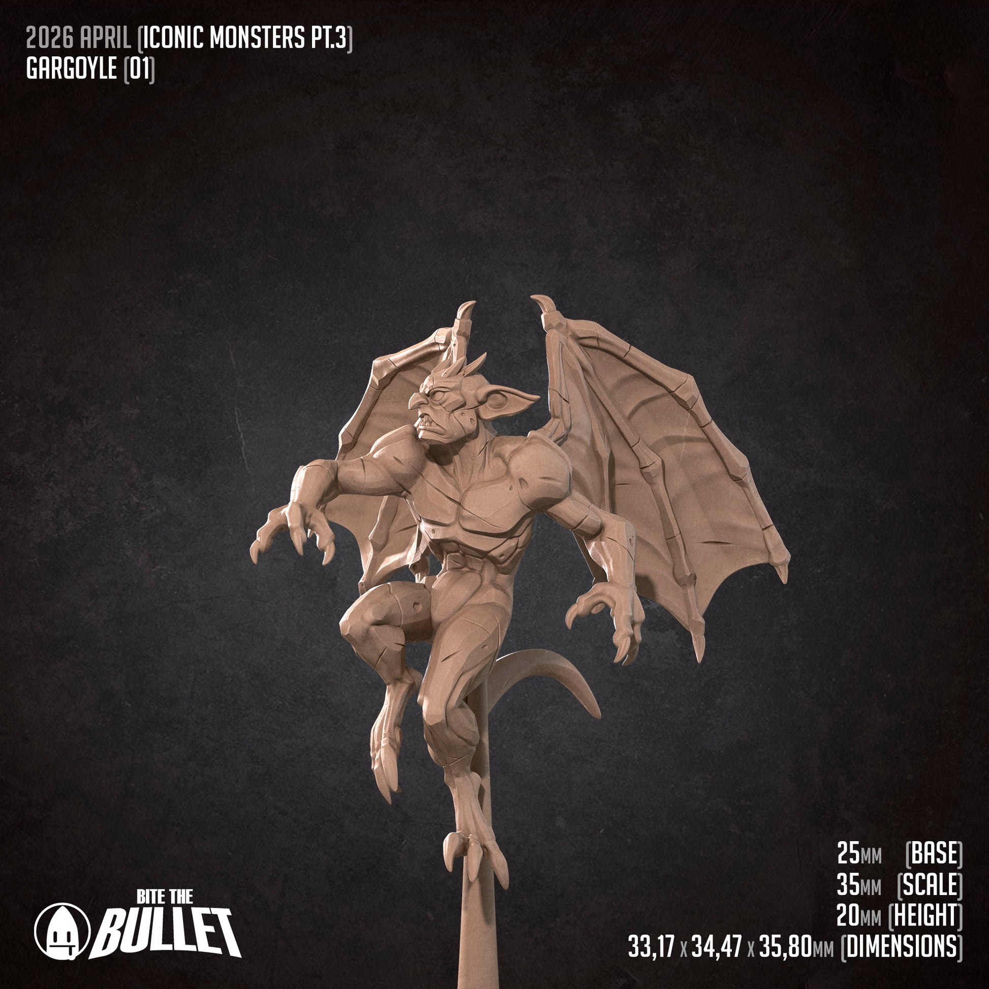 D&D Gargoyle miniature from Bite the Bullet series by Tattles Told 3D, detailed fantasy creature for tabletop role-playing games.