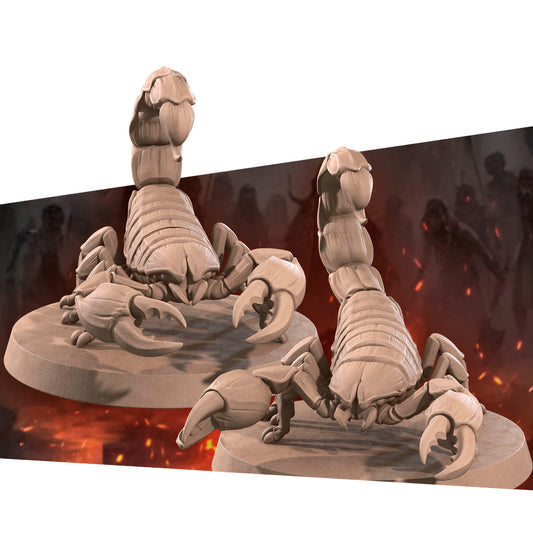 Detailed Tattles Told 3D giant scorpion miniature for D&D tabletop RPG, showcasing realistic sculpt with segmented body and pincers.