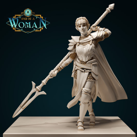 Half Elf Fighter Savine miniature for D&D TTRPG, depicting a female elf warrior by Tattles Told 3D, no base included.