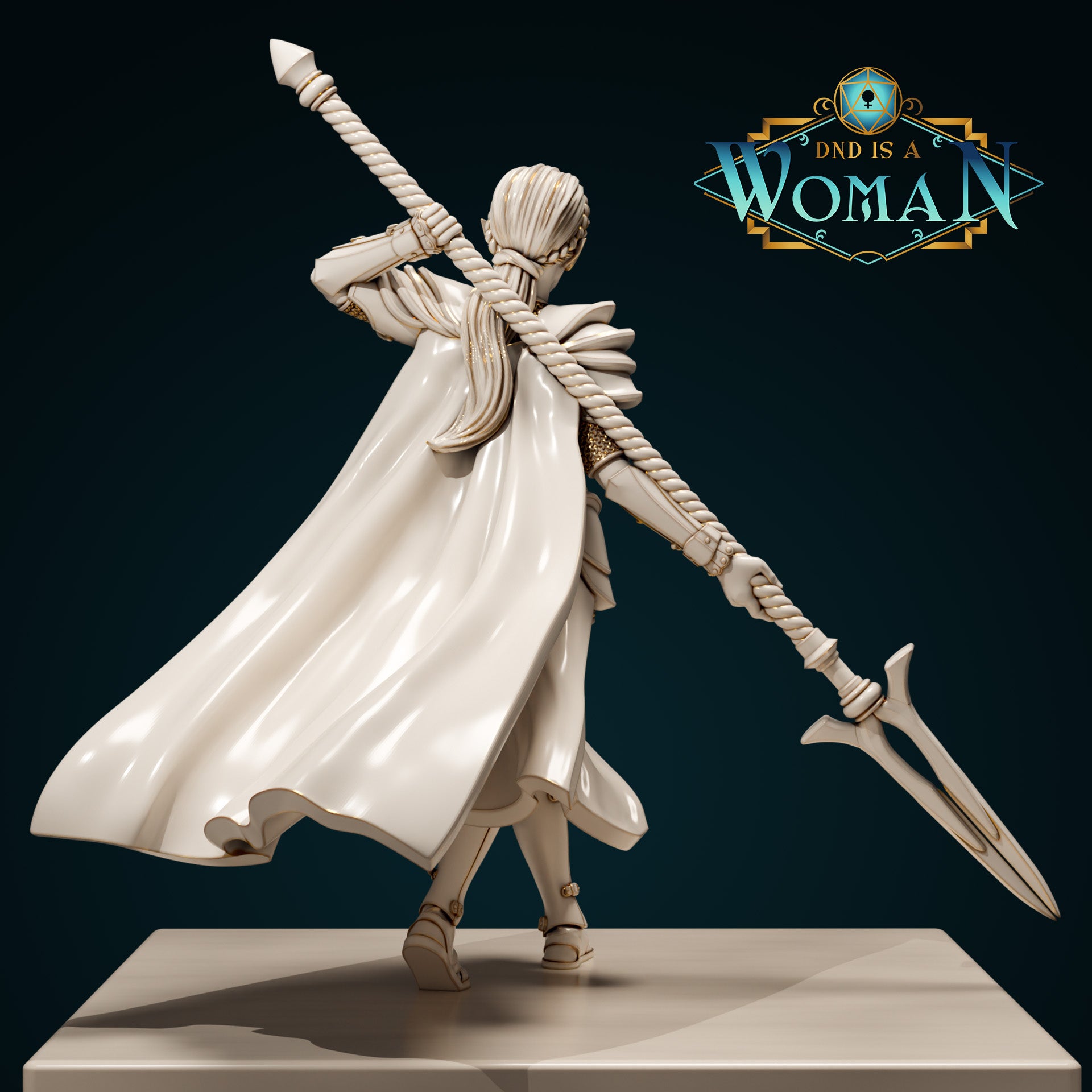 Half Elf Fighter Savine miniature from Tattles Told 3D, a detailed D&D TTRPG mini with no base, representing a female elf warrior.