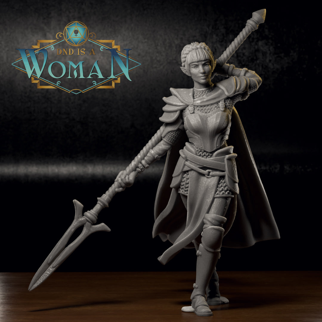 Half-Elf Fighter Savine D&D TTRPG miniature by Tattles Told 3D, depicting a female elf warrior without a base.