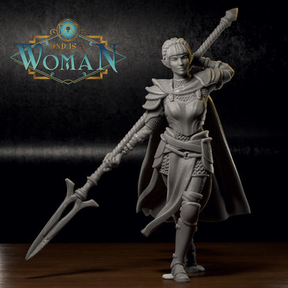 Half-Elf Fighter Savine D&D TTRPG miniature by Tattles Told 3D, depicting a female elf warrior without a base.
