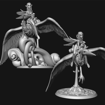 Heron Rider display scale miniature from Pepunki Creatures and Aradia Minis by Tattles Told 3D, featuring a detailed heron riding pose.