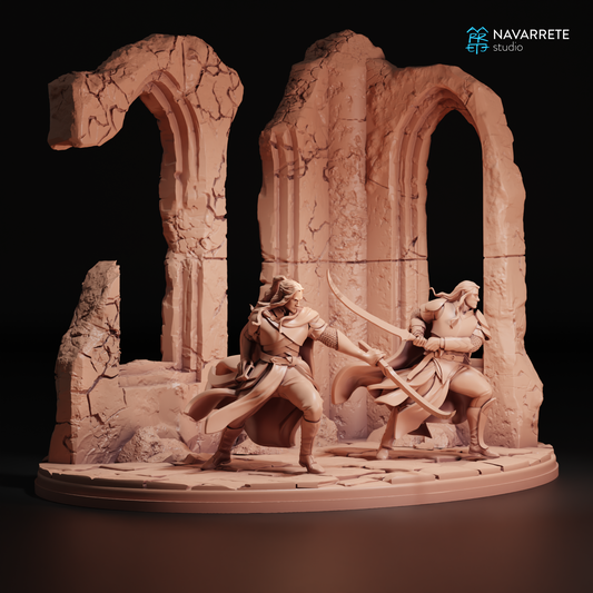 Detailed image of Sylthar and Thalindor tabletop gaming miniatures by Tattles Told 3D from Navarrete Studio, showcasing intricate character designs.