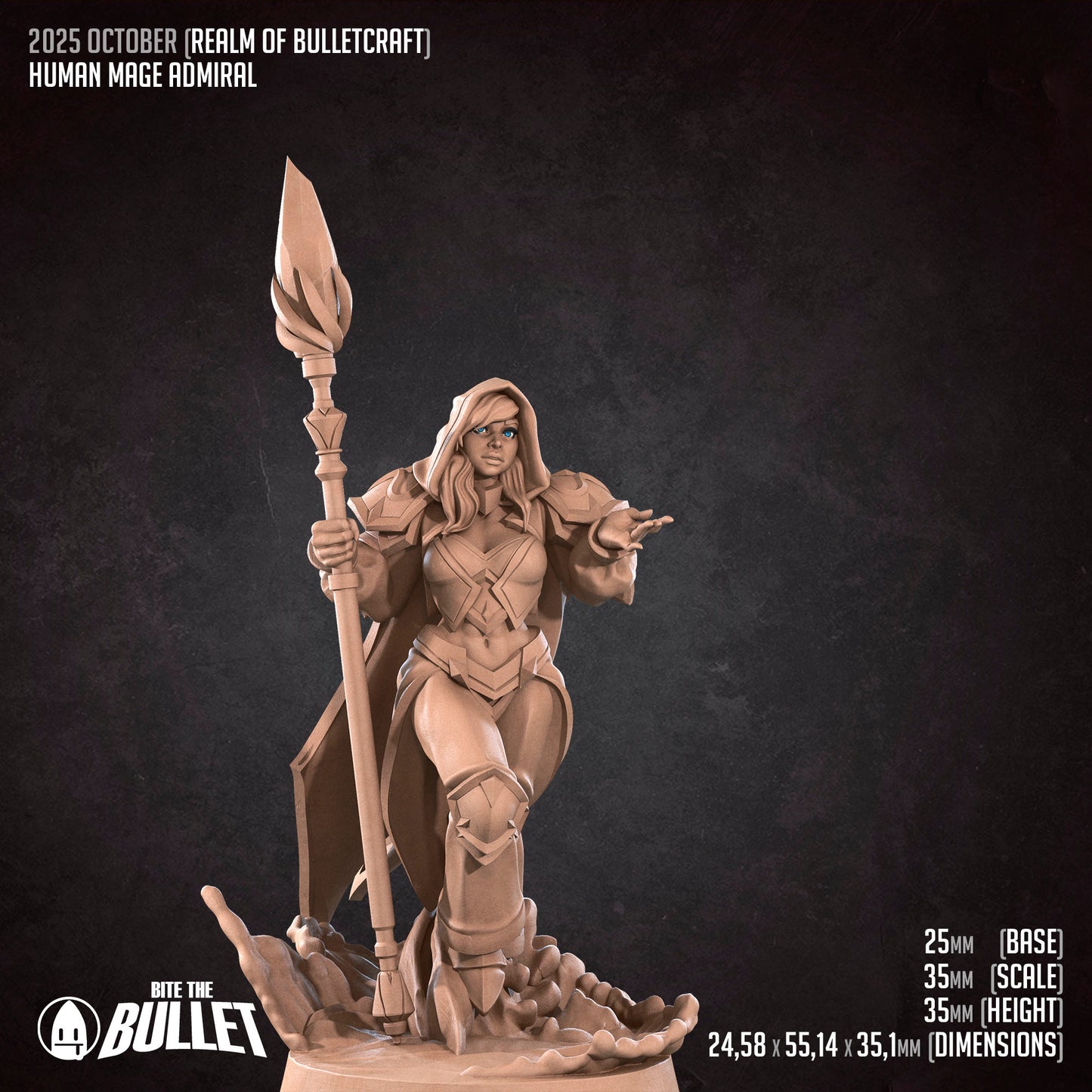 Realm of Bulletcraft, Human Mage Admiral | D&D Pathfinder TTRPG Miniature | Bite the Bullet