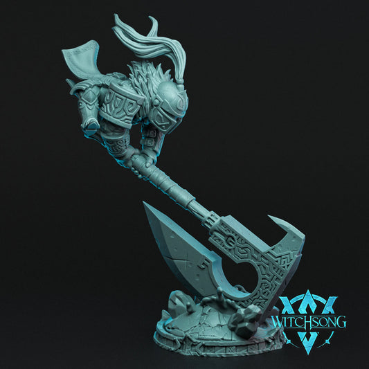 Fantasy figurine with axe on a black background, featuring the 'Witchsong' logo.