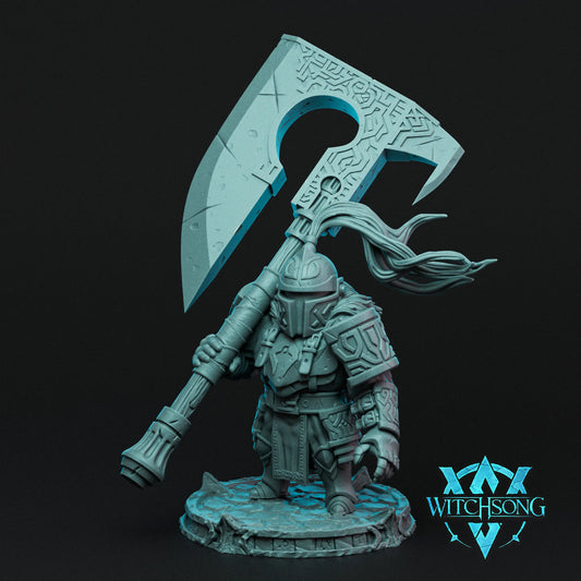 Fantasy figurine with a large axe on a dark background, featuring the 'Witchsong' logo.