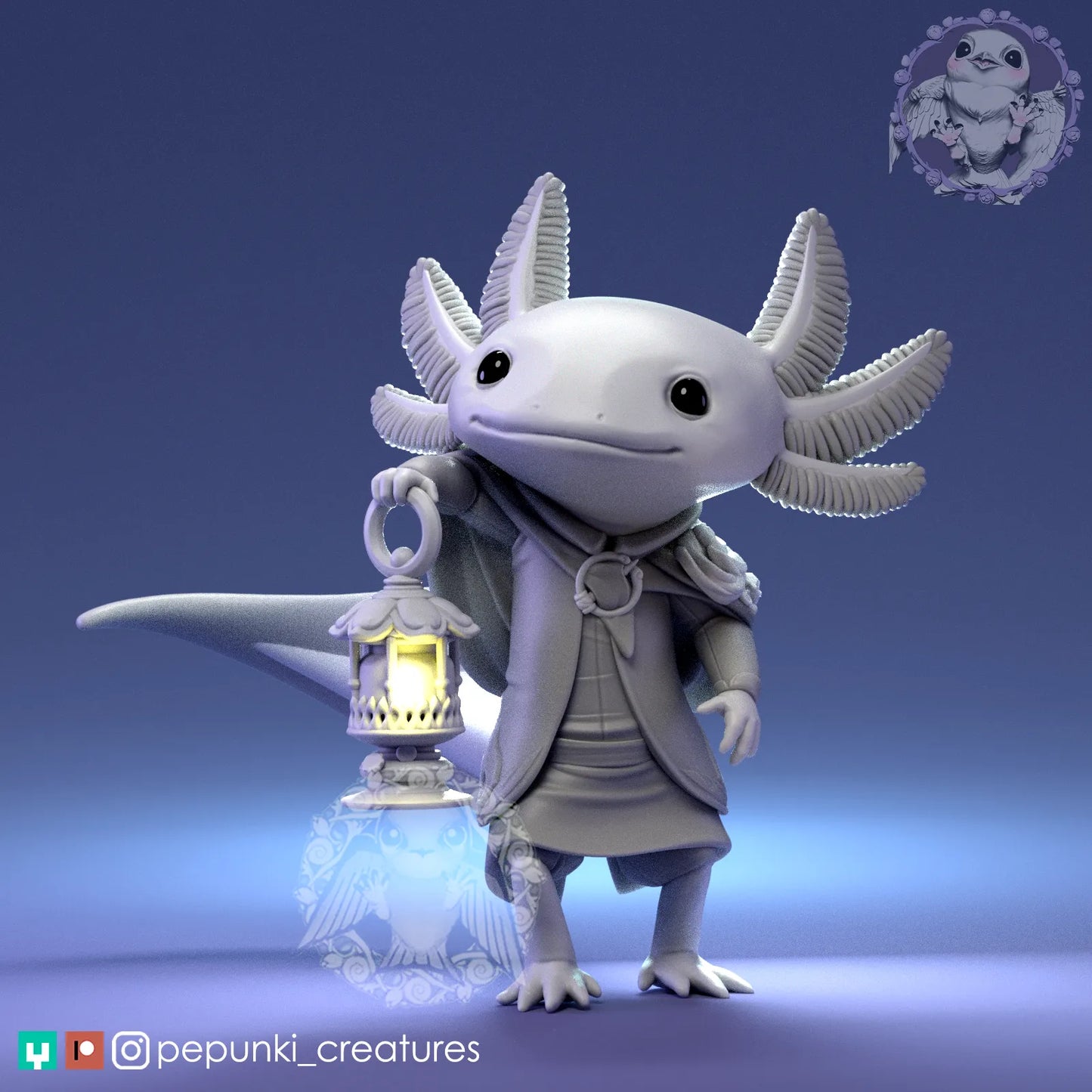 Axolotl and Lamp | Tabletop or Display Scale | D&D Humblewood TTRPG Miniature | Pepunki Creatures