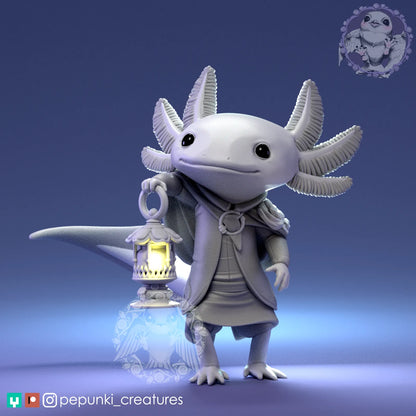 Axolotl and Lamp | Tabletop or Display Scale | D&D Humblewood TTRPG Miniature | Pepunki Creatures