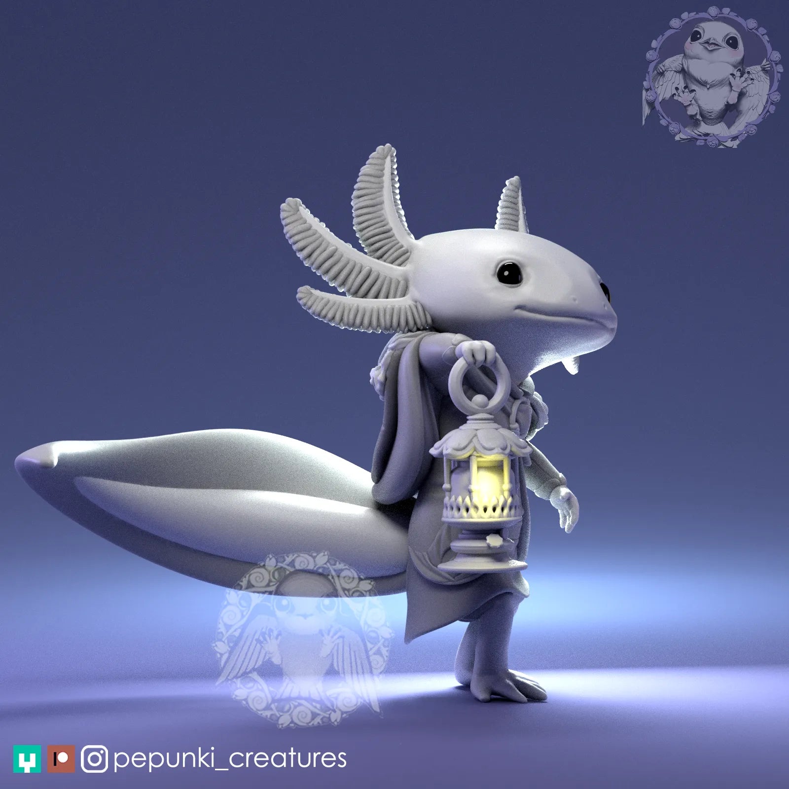 Axolotl and Lamp | Tabletop or Display Scale | D&D Humblewood TTRPG Miniature | Pepunki Creatures