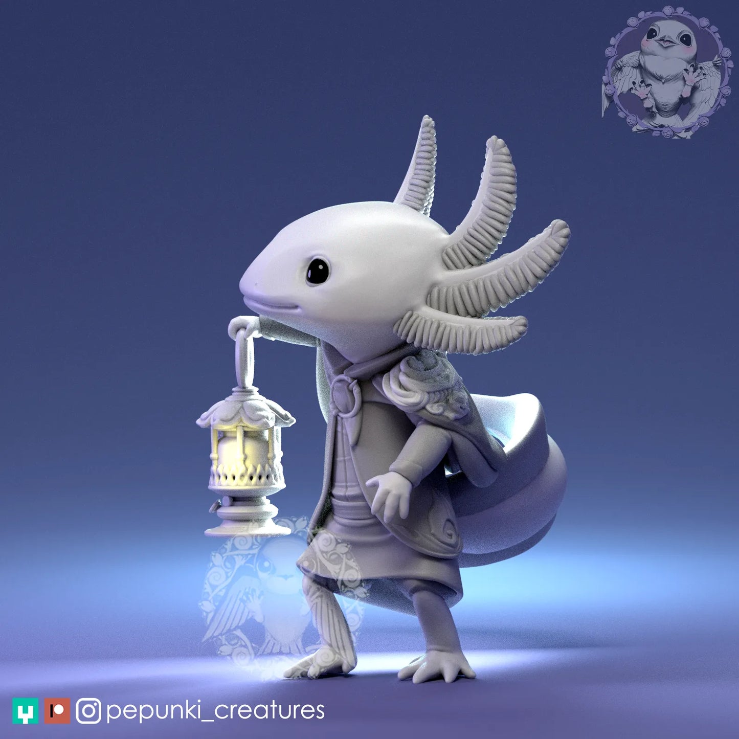 Axolotl and Lamp | Tabletop or Display Scale | D&D Humblewood TTRPG Miniature | Pepunki Creatures