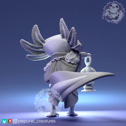 Axolotl and Lamp | Tabletop or Display Scale | D&D Humblewood TTRPG Miniature | Pepunki Creatures