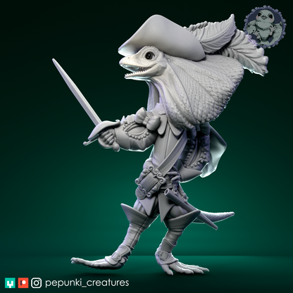 Frilled Musketeer | Tabletop or Display Scale | D&D Humblewood TTRPG Miniature | Pepunki Creatures