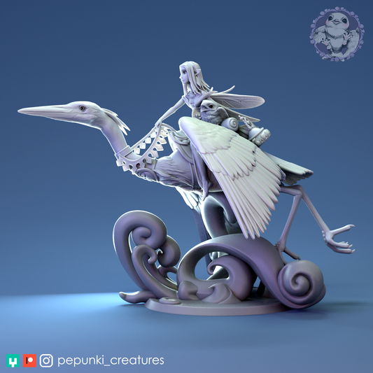 Heron Rider display scale miniature by Tattles Told 3D, featuring a detailed Pepunki creature for D&D TTRPG campaigns.